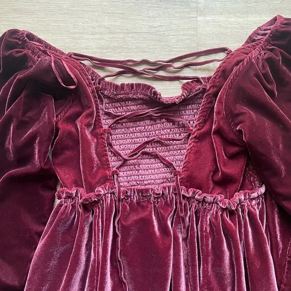 Free People Velvet Mini Dress Burgundy Puff Sleeve Lace Up Back S cottage boho - Picture 8 of 8